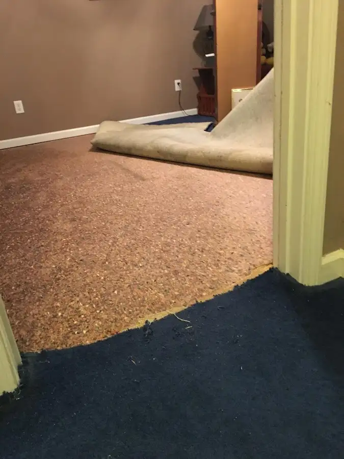 Carpet pad removal revealing water damage during Water Mitigation Services in Adel